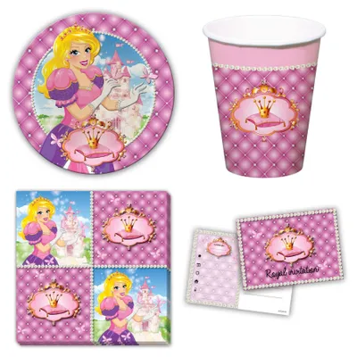 Produktbild von 34-teiliges Prinzessin Party-Set inkl. Pappteller, Pappbecher, Servietten und Einladungskarten