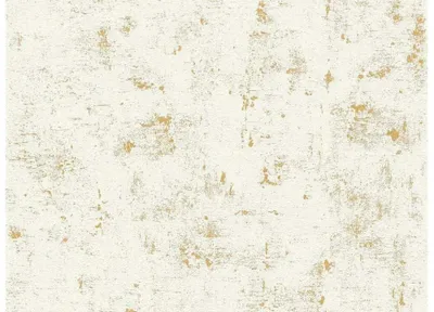 A close-up, full-frame view of wallpaper with a distressed white and gold textured pattern.