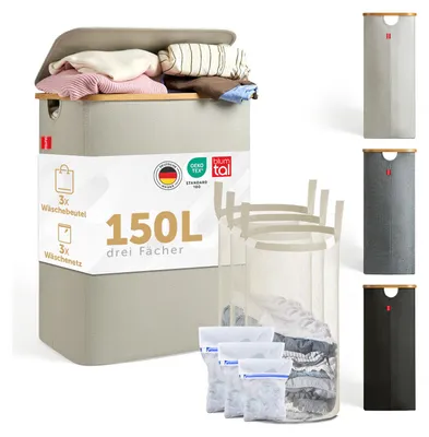 A collage of product images showing a beige laundry basket with a lid, filled with clothes, and also showing individual laundry baskets in different colors and laundry bags.