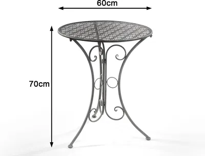 A gray metal bistro table with dimensions indicated.