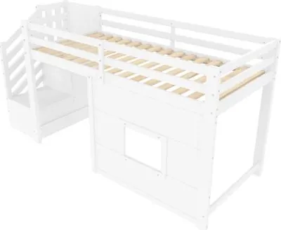 Produktbild von Hochbett 90x200 cm Ohne Matratze Mit Stauraumtreppe Und Fenster Weiss Kinderbett Holzbett Einzelbett
