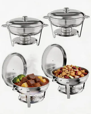 Produktbild von 4er Set Chafing Dish Edelstahl Rund 4,7L, Speisenwärmer Buffet Mit Deckelhalter, Chafing Dishes Buffet Set Mit Löffel & Zange, Warmhaltebehälter Für Catering, Hochzeit & Party