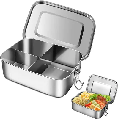 Produktbild von Lunchbox aus Edelstahl, auslaufsichere Lunchbox, leicht zu reinigende Lunchbox mit Dichtungsring und 3 Fächern, spülmaschinenfest für Kinder und Erwachsene (1 l)