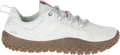 A side view of a white Merrell women's sneaker with a brown textured sole and purple accents on the tongue.