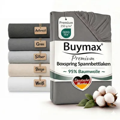 Produktbild von Buymax Premium Boxspringbett Spannbettlaken 180x200 bis 200x220 cm Grau – Jersey 250 g/m² – 95% Baumwolle 5% Elasthan – bis 35 cm Matratzenhöhe