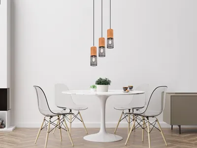 Produktbild von Dreiflammige Industrie Küchenpendelleuchte mit Metallgeflecht und Holzfassungen
