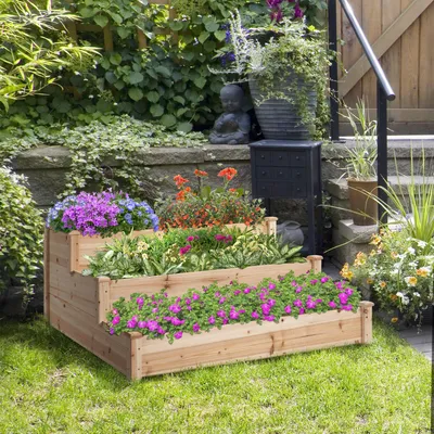 Produktbild von Hochbeet 3-stufig Tannenholz massiv, Blumentreppe Pflanztreppe Kräuterbeet, Blumenständer Holz Naturholz | 120x120x56 cm | 13 kg | 3 Ebenen