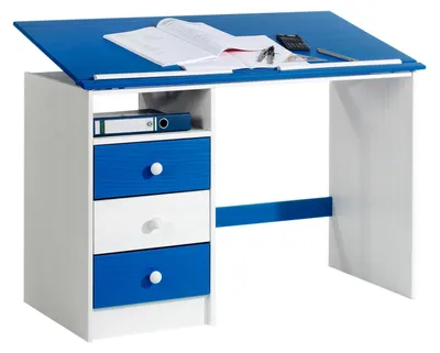 Produktbild von Kinderschreibtisch KEVIN aus Kiefer in weiß/blau, schöner Schülerschreibtisch mit Neigungsverstellung, praktischer Schreibtisch mit 3 Schubladen und Ablagefach
