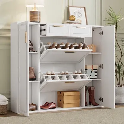 Image de Armoire à chaussures - Étagères réglables - Deux tiroirs - MDF - Blanc