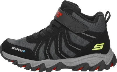A single black and gray Skechers boot for children.