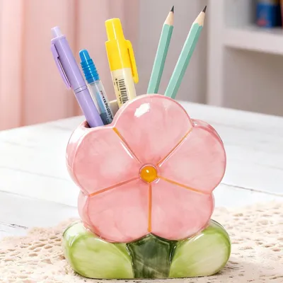 Produktbild von Stiftehalter mit Blumenmuster, Zimmerdekoration, niedlicher Stiftehalter im Boho-Stil, rosa Stiftehalter, Pinselhalter, Stifteorganizer, Schreibtischaccessoire, Geschenk für Frauen