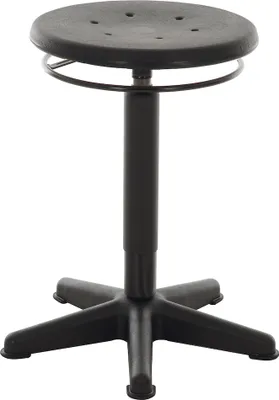 Produktbild von Drehhocker Atlanta | Sitzhöhe 44-63cm | Ø 44cm | Tragfähigkeit 110kg | Polyurethane-Sitz | Platzsparendes Kunststof-Fußkreuz mit Gleiter | Ringauslösung | Schwarz