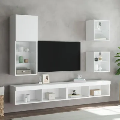 Immagine prodotto di Set di mobili per TV, 5 pezzi, bianco, realizzato in legno composito, con vetro, ideale per soggiorno o parete TV