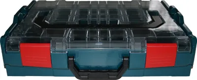 A teal and transparent storage box with red latches and a black handle, shown from the front.