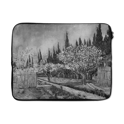Produktbild von MuchoWow® Laptop Hülle 17 Zoll Laptoptasche Obstgarten vor Zypressen - Vincent van Gogh - Schwarz und weiß - Zipper - Schutzabdeckung