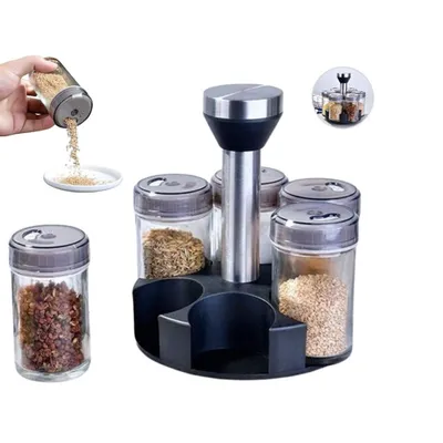 Produktbild von Gewürzhalter Organizer 360° für Gewürze – 6 Glasbehälter mit Dosierer
