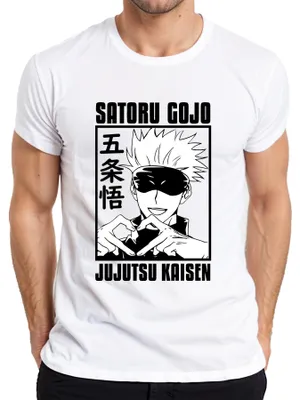 Zdjęcie produktu dla Koszulka męska z motywem opaski na oczy i serca z postacią Satoru Gojo z anime „Jujutsu Kaisen”, biała, rozmiar S