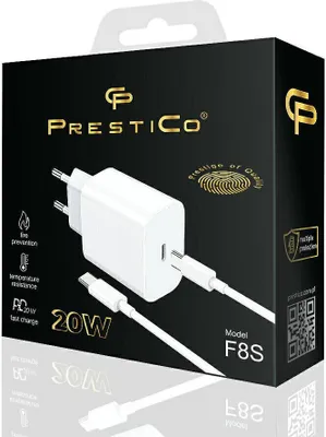 A product box for a white 20W USB-C charger and cable, with the brand name 'PRESTICO' prominently displayed.