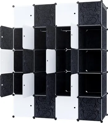 Zdjęcie produktu dla TWOLIIN System regałów DIY Szafa wykonana z tworzywa sztucznego Półka wtykowa Szafa Wieszak na ubrania Wieszak na buty Plastikowe pudełka, 20 pudełek z drzwiczkami, czarne z wzorem