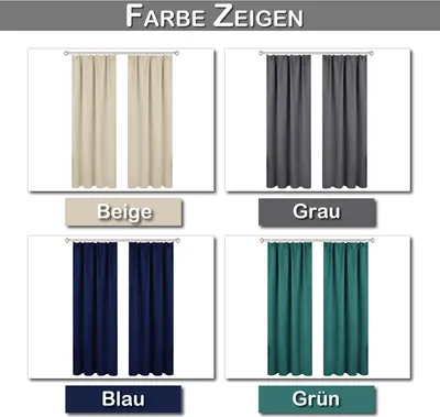 A collage of four different colored curtains displayed in pairs, with their respective color names below them.