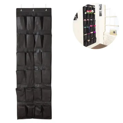 A black fabric over-the-door shoe organizer with 24 pockets is shown hanging against a white background. A smaller inset image shows the organizer in use, filled with shoes and other items.