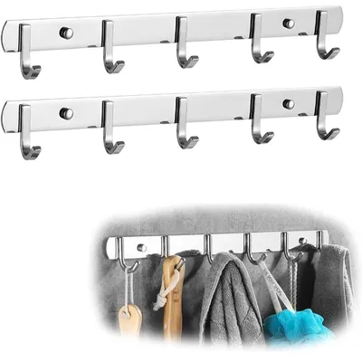 Image de Porte-manteau en deux parties en acier inoxydable avec 6 crochets, crochets muraux pour vêtements dans la cuisine, l'armoire, la chambre ou la salle de bains (argenté, 31 cm)