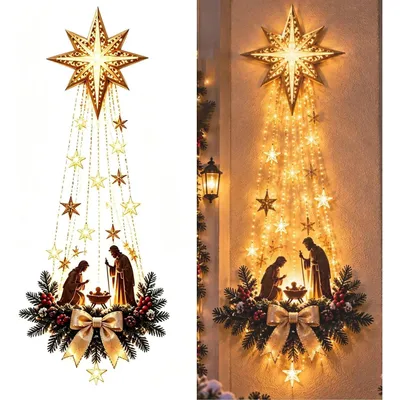 Produktbild von LED Krippe Wanddekoration Beleuchtet, 2D Acryl-Sternanhänger, 60cm Hängende Weihnachtsbeleuchtung mit Lichteffekt für Wand, Tür & Kamin