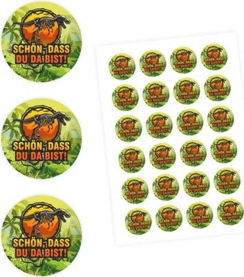Produktbild von 24 "Schön, dass Du da bist!" Aufkleber - Dinosaurier - rund 4 cm Ø - Sticker Dinoparty Gastgeschenk