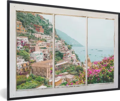Produktbild von MuchoWow® MuchoWow® Gerahmtes Poster Aussicht - Meer - Berge 90x60 cm - Poster mit zchwarzem Bilderrahmen - Fotorahmen - Foto-Plakat