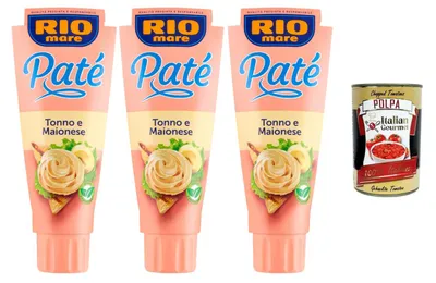 Produktbild von Rio Mare Paté Tonno e Maionese, Thunfisch-Paté mit Mayonnaise 3×100 g – Cremiger Brotaufstrich aus Thunfisch, ideal für Sandwiches & Canapés + Polpa