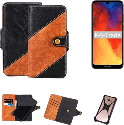 Produktbild von K-S-Trade Handyhülle Schutzhülle Bookstyle Case Wallet-Case kompatibel mit Huawei Y6 (2019) Handy Cover Bumper Klapphülle schwarz hellbraun 1x