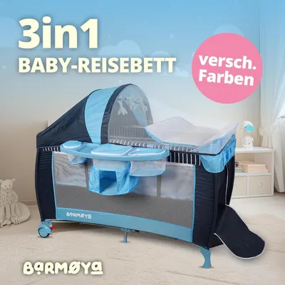 Produktbild von Faltbares 3-in-1-Baby-Reisebett mit Wickelauflage – als Reisebett, Laufstall und Beistellbett nutzbar, höhenverstellbar, mit Moskitonetz und Sonnendach, inklusive Tragetasche, Grau