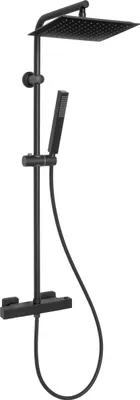 A black shower fixture with a square rain showerhead and a handheld showerhead.