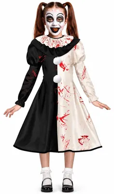 Productafbeelding van Clown Halloween kostuum, griezelig en beangstigend, voor kinderen. Horror outfit, geschikt voor carnaval of Halloween. Kleur: wit/zwart. Maat: 128/134