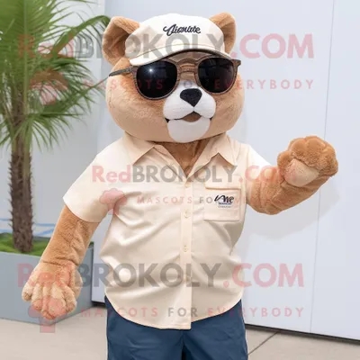 Produktbild von Tan-Katzen REDBROKOLY Maskottchen kostüm gekleidet mit einem Henley-Hemd und einer Sonnenbrille