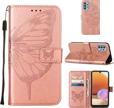 Produktbild von Galaxy A32 4G Hülle, Schmetterling Prägung Flip Leder Kartenfächer Schutzhülle Ledertasche mit Ständer für Samsung Galaxy A32 4G Roségold
