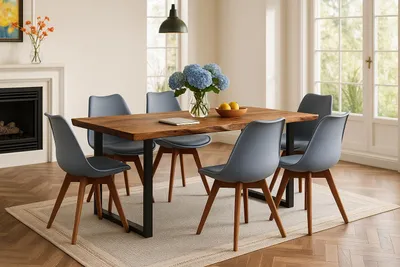 Produktbild von 7-TLG. Essgruppe Quinn | Esstisch mit 6 Stühlen | 160x85 cm | Esstisch mit echter Baumkante | Akazienholz massiv + Nussbaumfarben | U-Gestell Schwarz | 6X Schalenstuhl Grau