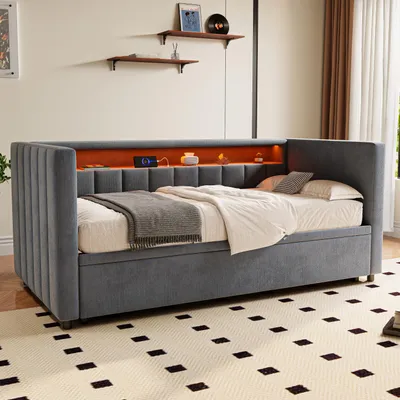 Image de OKWISH Lit Gigogne 90x190 cm - Convertible avec Rangement et USB-C, Éclairage LED, Velours Gris, Sans Matelas