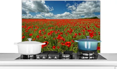 Produktbild von KitchenYeah®  Spritzschutz Küche - Küchenrückwand - Wandschutz für Herd und Spüle - Schneeweiße Wolken über einem Mohnblumenfeld 90x60 - Alu-Dibond (Alternative zum Spritzschutz aus Glas) - Hitzebestä