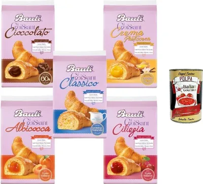Produktbild von Bauli Croissant Mix – 5 Sorten (Classico, Schokolade, Vanille-Creme, Aprikose, Kirsche) – 5 × 300 g – Italienische Frühstücks-Croissants, ideal für Frühstück & Snack + Italian Gourmet polpa 400g