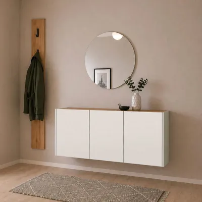 Produktbild von Garderobenset 3-teilig mit Schuhschrank, Spiegel & Garderobenpaneel in Beige mit Eiche - LAPUA-01