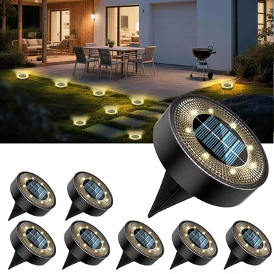 Solar-Bodenleuchten, 8 Stück, IP68, 8 LEDs, warmweiß, Kunststoff