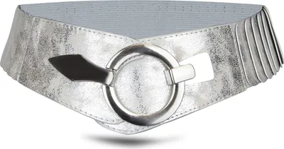 Produktbild von Elastischer Damen Taillengürtel, ca. 6 cm breiter Hüftgürtel mit silberner Ring-Schließe, Stretchgürtel, Silber, Größe 80