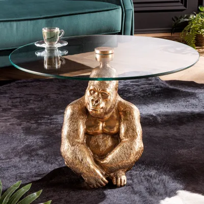 Produktbild von riess-ambiente Runder Couchtisch WILDLIFE KONG 60cm gold Metall Glas Affenfigur Gorilla Skulptur Beistelltisch Tisch