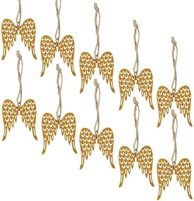 Productafbeelding van Unyqoos® Set met 10 Engelse vleugels in roestkleur, weerbestendig metaal, gestanst en lasergesneden, inclusief juteband – decoratie voor binnen en buiten
