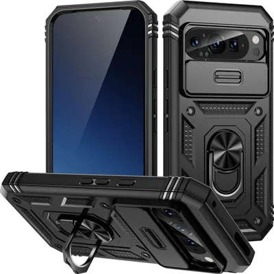 Produktbild von Hülle für Google Pixel 10/Pixel 10 Pro, Schiebe Kamera Schutz Stoßfest Schutzhülle mit Ringhalterung Ständer Schwarz