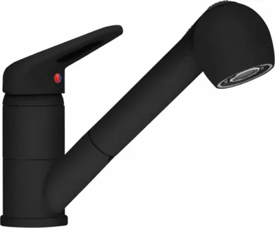 A black kitchen faucet with a pull-out spray head, shown against a white background.