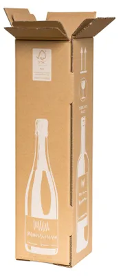 A cardboard box designed for shipping bottles, with illustrations of bottles printed on it.