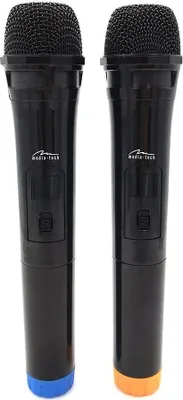 Two black wireless microphones with colored bases are shown against a white background.