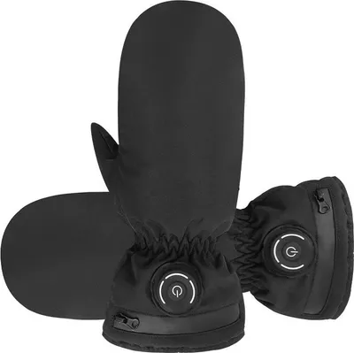 A pair of black heated mittens with a power button icon on them, shown against a white background.